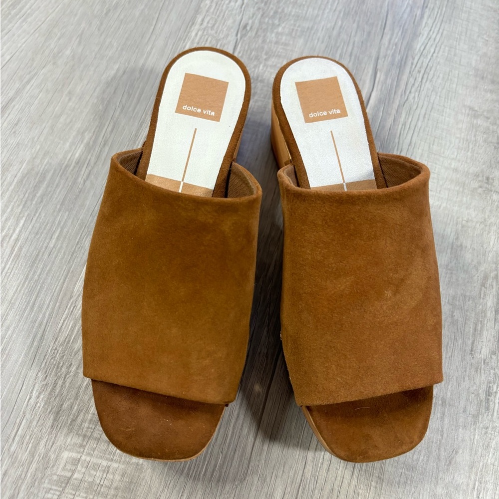 Dolce Vita Brown Suede Wooden Clog Mules - Picture 2 of 9